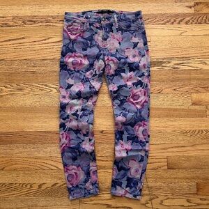 Modern Purple & Blue Print Floral Denim High Water Skinny Jeans